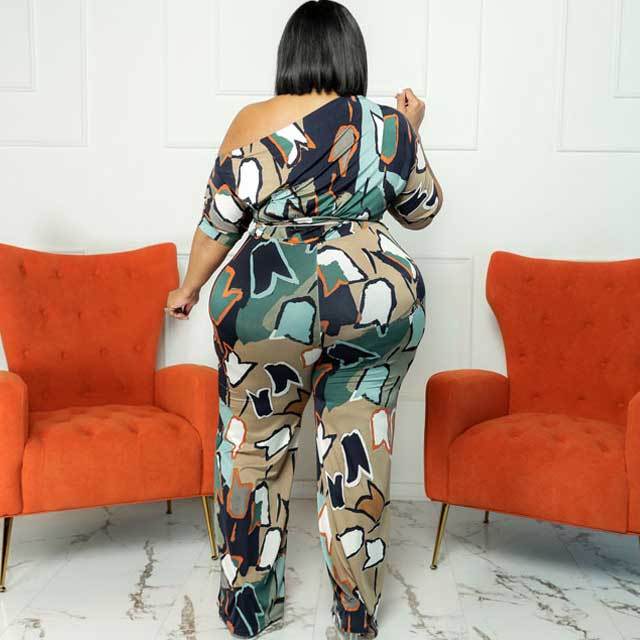 Plus Size Geometric Print Off Shoulder Jumpsuit