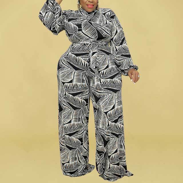 Plus Size Leaf Print Jumpsuit