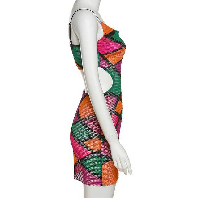 Mesh Color Block Open Back Dress