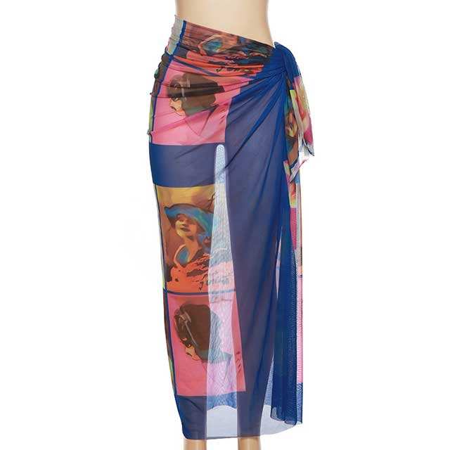 Tied Graphic Mesh Skirt