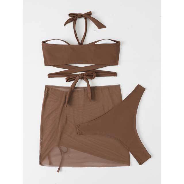 Solid Ruched 3 Piece Bikini Set