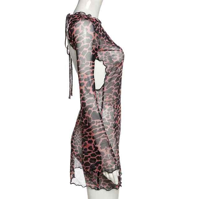 Leopard Bell Sleeve Backless Dress