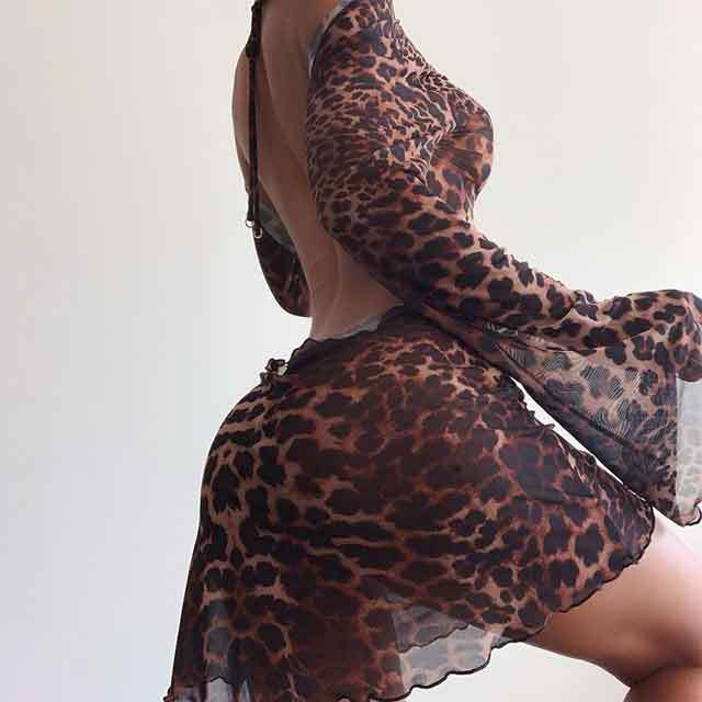Leopard Bell Sleeve Backless Dress