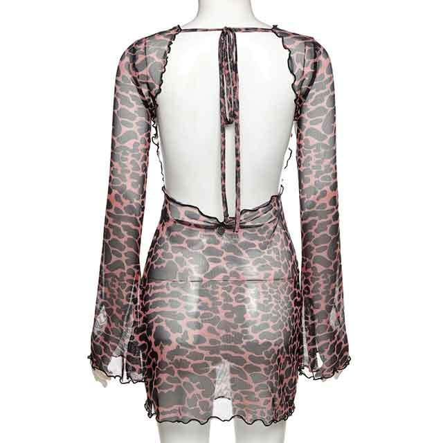 Leopard Bell Sleeve Backless Dress
