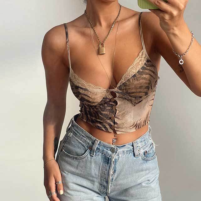 Button Lace Trim Cami Top