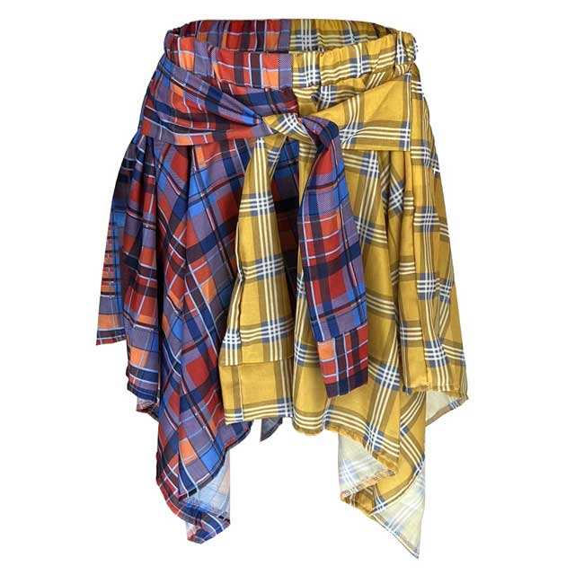 Color Block Plaid Print Tied Irregular Skirt