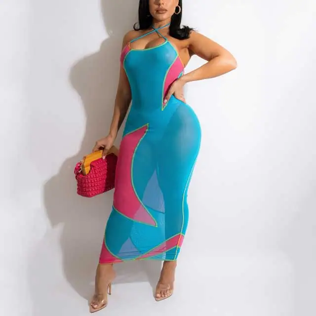 Color Block Mesh Halter Dress