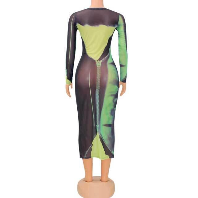 Zipper Print Mesh Bodycon Dress