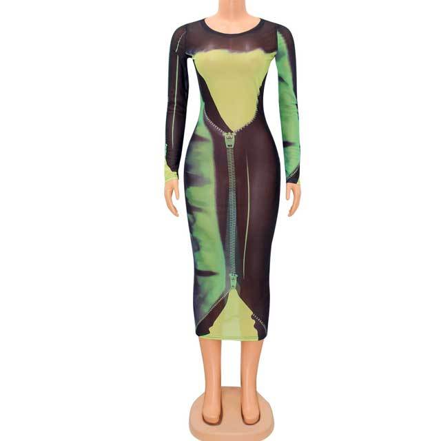 Zipper Print Mesh Bodycon Dress