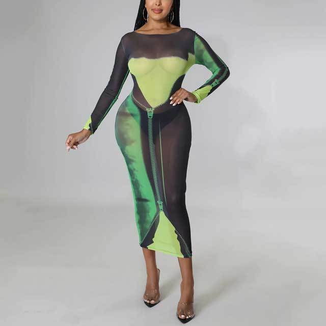 Zipper Print Mesh Bodycon Dress