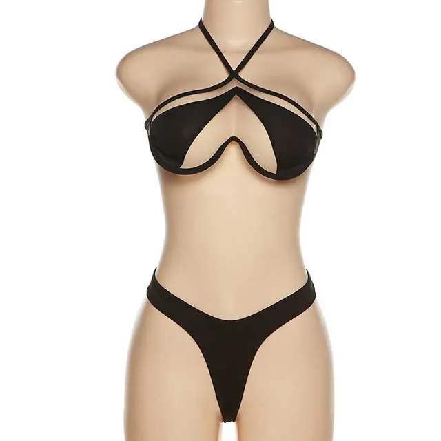 Contrast Color Mesh Halter Neck Bikinis Set