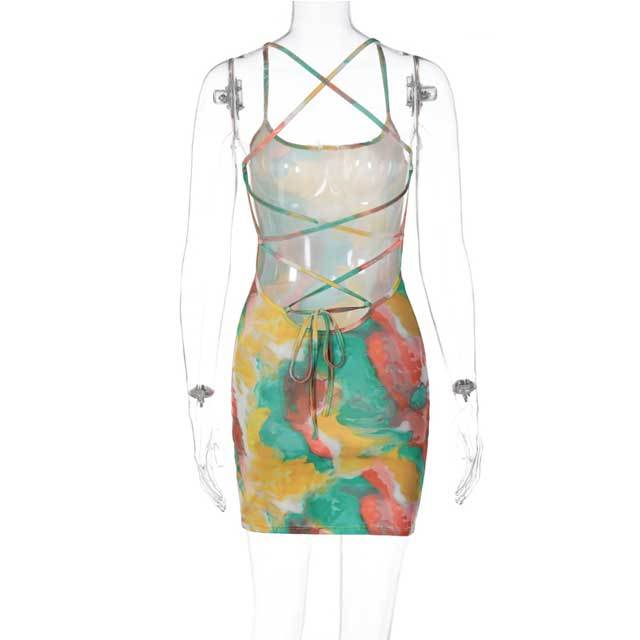 Multi Color Tie Dye Criss Cross Backless Mini Dress