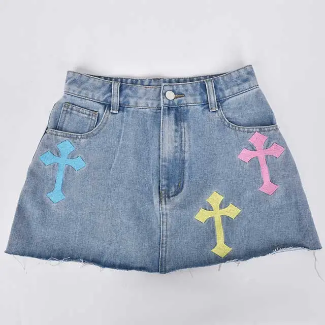 Cross Embroidery Denim Mini Skirt