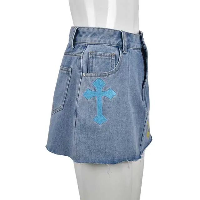 Cross Embroidery Denim Mini Skirt