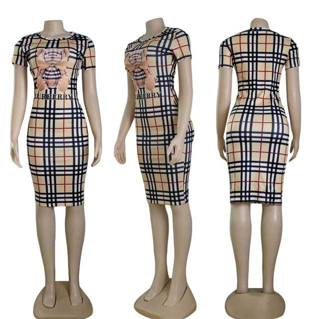 Plaid Print Short Sleeve Bodycon Dress