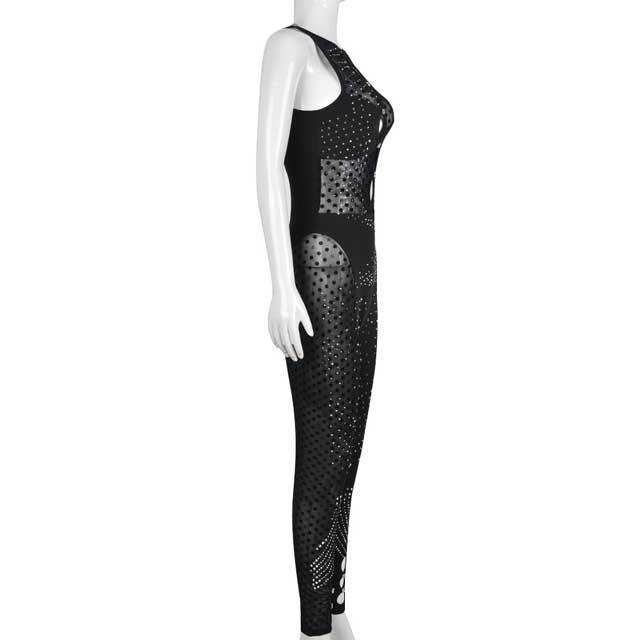 Rhinestones Mesh Hollow Out Jumpsuit