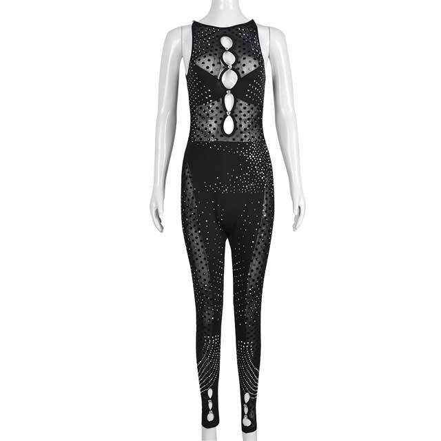 Rhinestones Mesh Hollow Out Jumpsuit