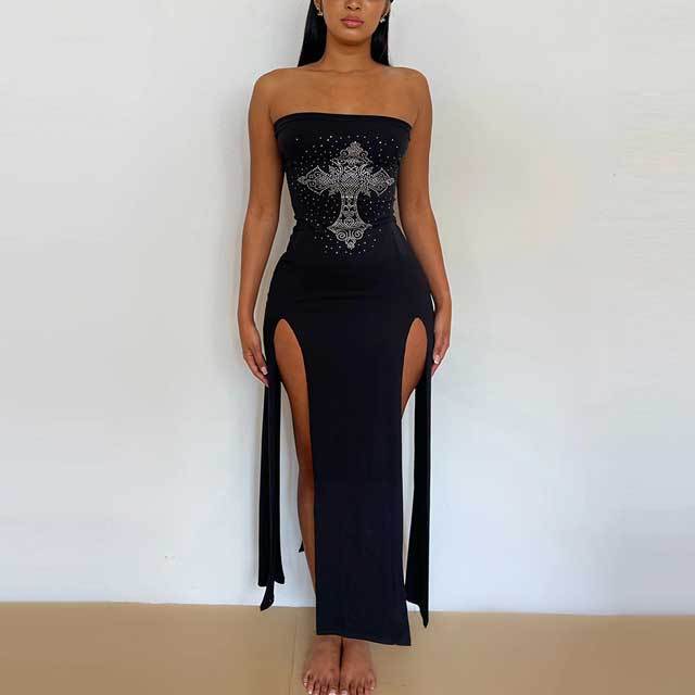 Rhinestones Slit Maxi Dress