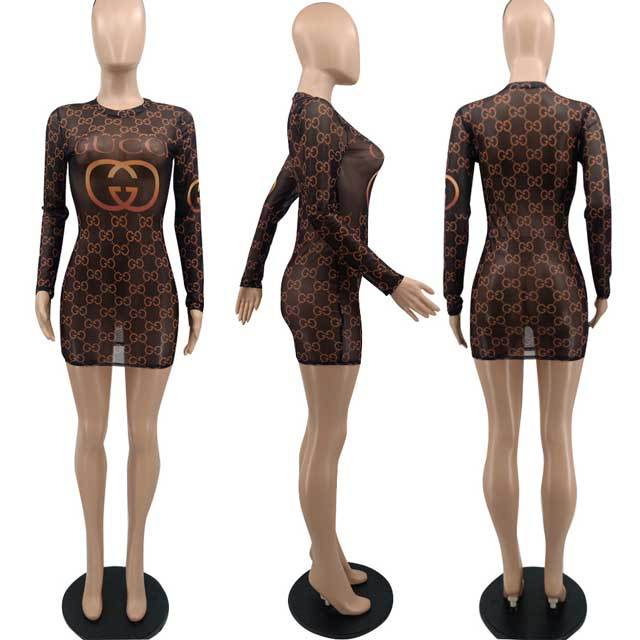 Letter Print Mesh Bodycon Dress