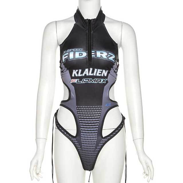 Letter Print Hollow Out Bodysuit