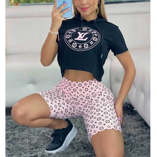 Letter Print Hooded Top Short Set