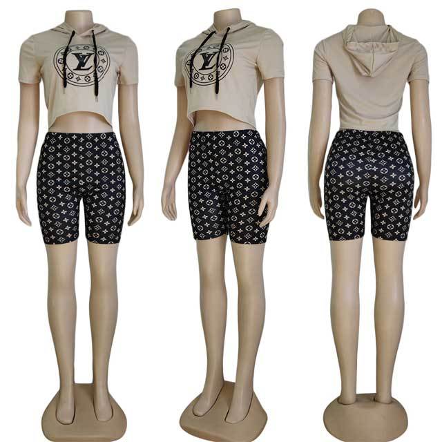 Letter Print Hooded Top Short Set
