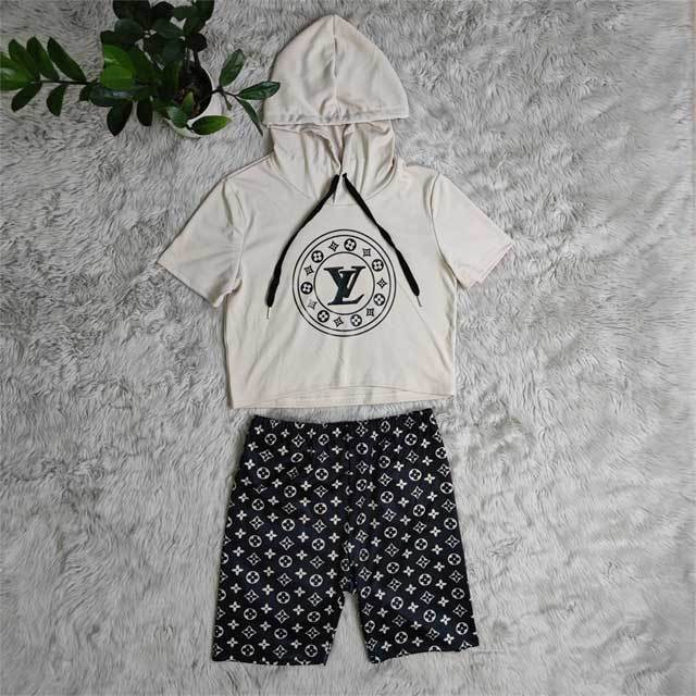 Letter Print Hooded Top Short Set