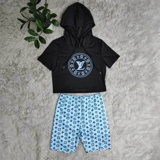 Letter Print Hooded Top Short Set