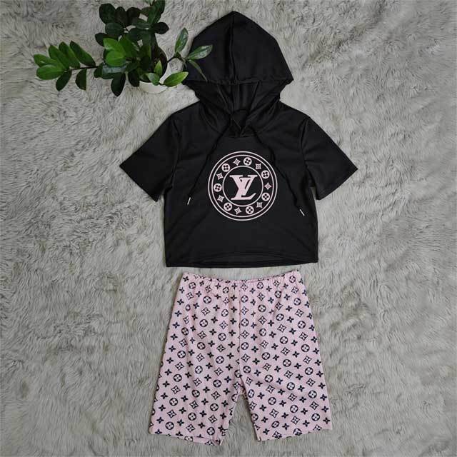 Letter Print Hooded Top Short Set