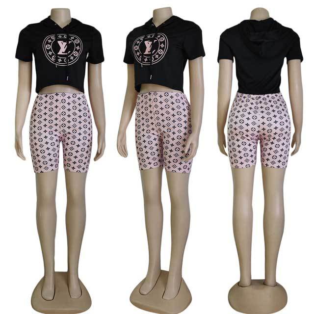 Letter Print Hooded Top Short Set
