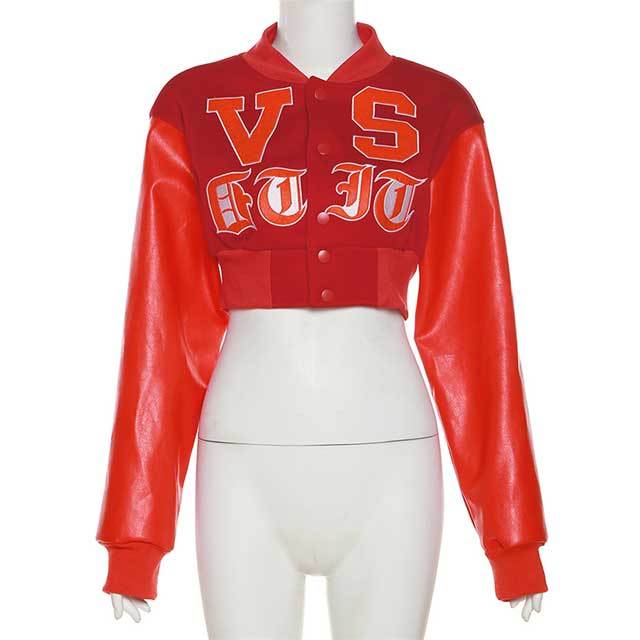 Letter Design Leather Sleeve Crop Jacket