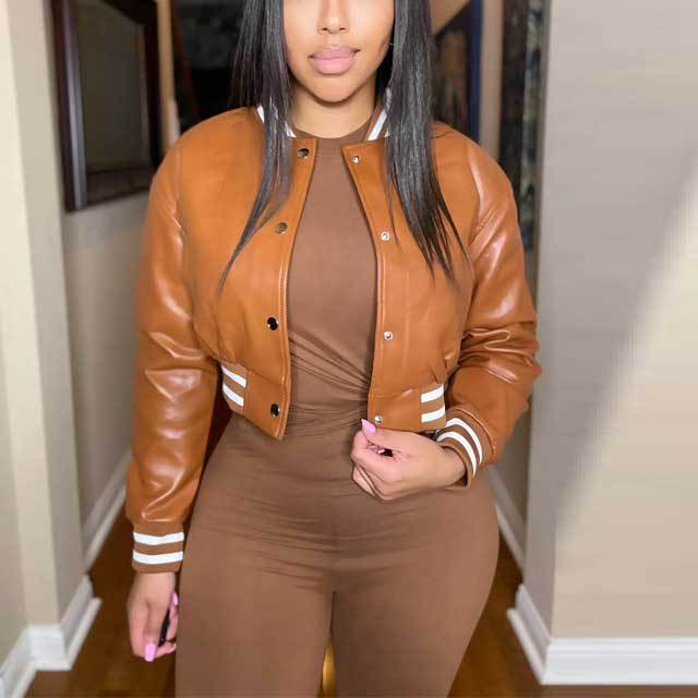 Striped Leather Baseball Jacket