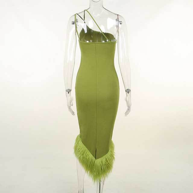 Single Shoulder Feather Maxi Dress