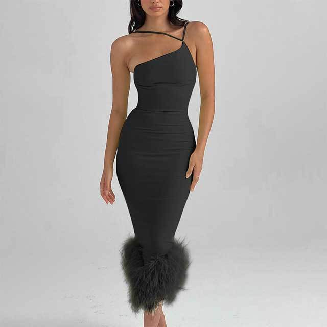 Single Shoulder Feather Maxi Dress