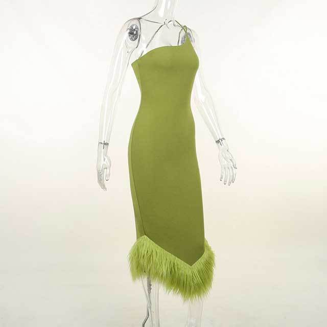 Single Shoulder Feather Maxi Dress