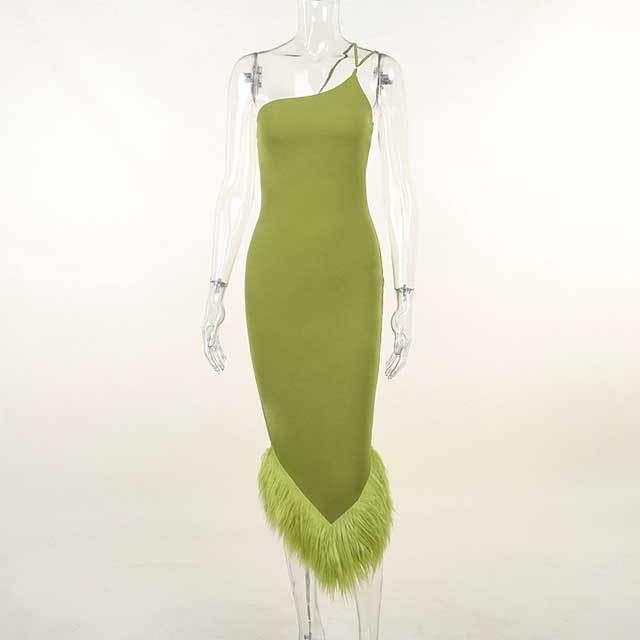 Single Shoulder Feather Maxi Dress