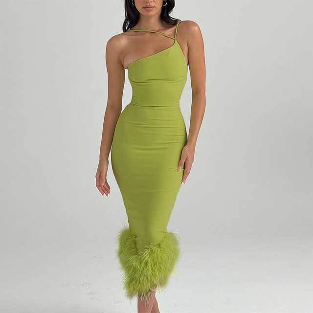 Single Shoulder Feather Maxi Dress