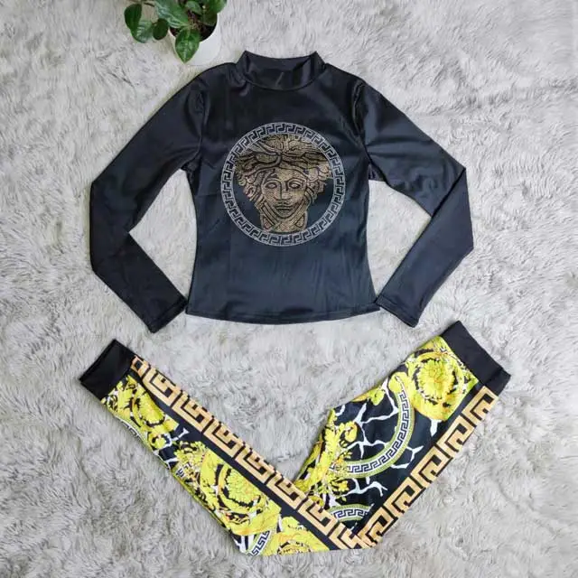 Rhinestones Top Printed Pants Set