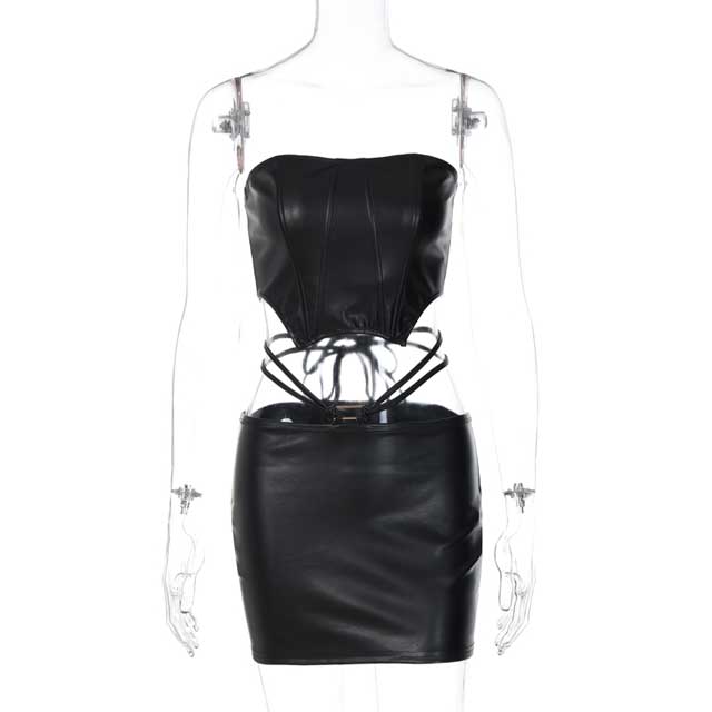 Leather Bustier Top Strappy Skirt Set