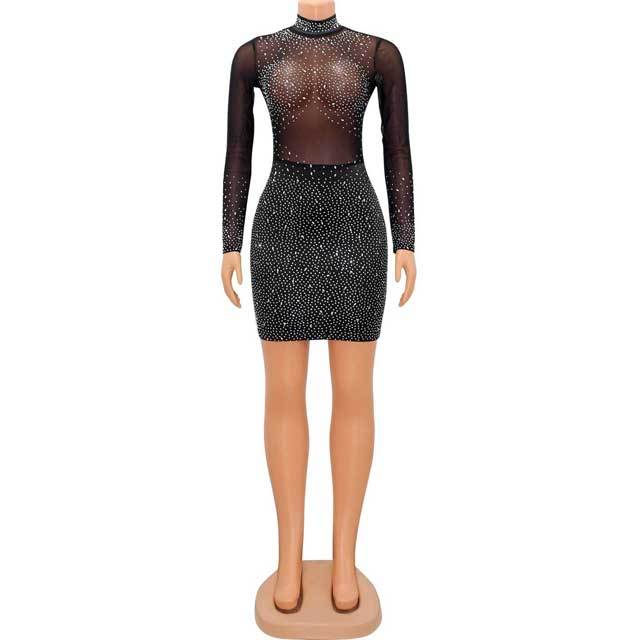 Rhinestones Mesh Long Sleeve Dress