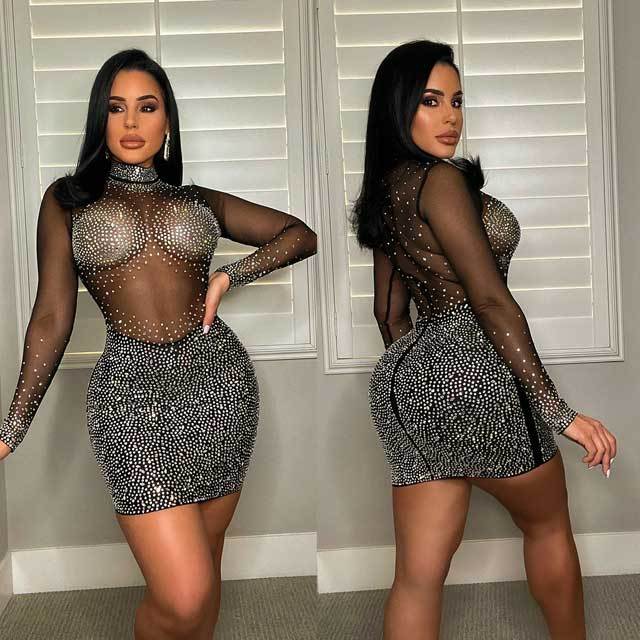 Rhinestones Mesh Long Sleeve Dress