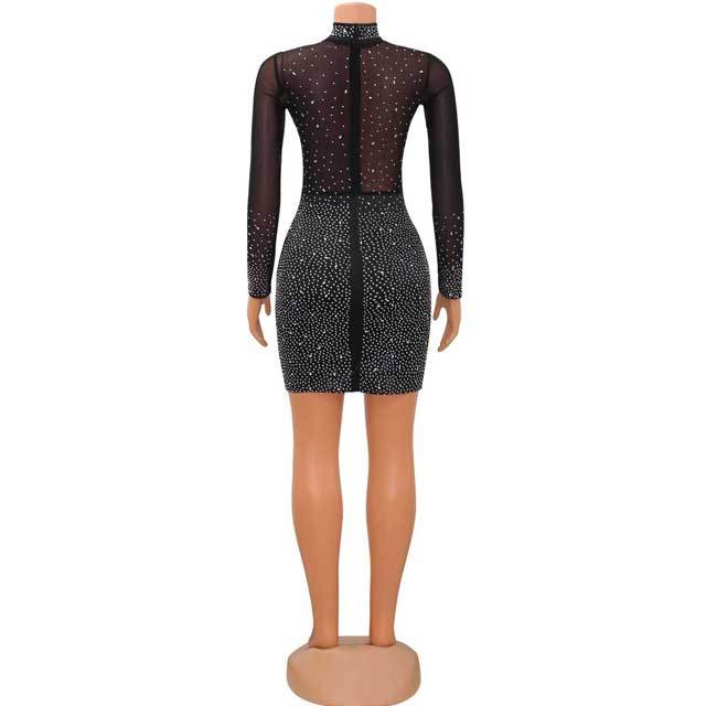 Rhinestones Mesh Long Sleeve Dress