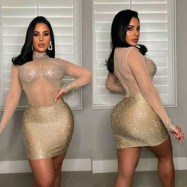 Rhinestones Mesh Long Sleeve Dress
