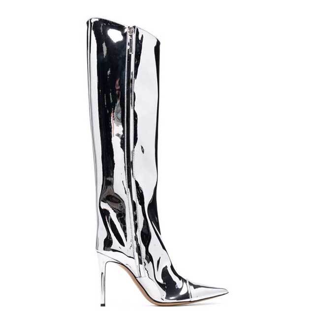 Pointed Toe High Heeled Leather Boots