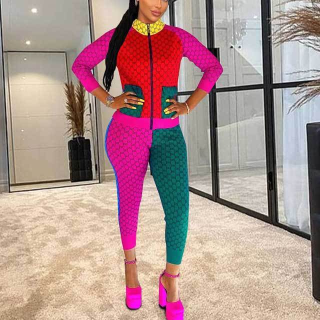 Color Block Casual Pants Suit