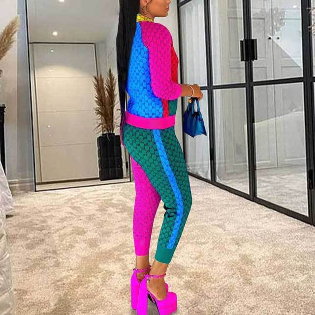 Color Block Casual Pants Suit