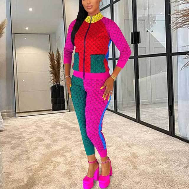 Color Block Casual Pants Suit