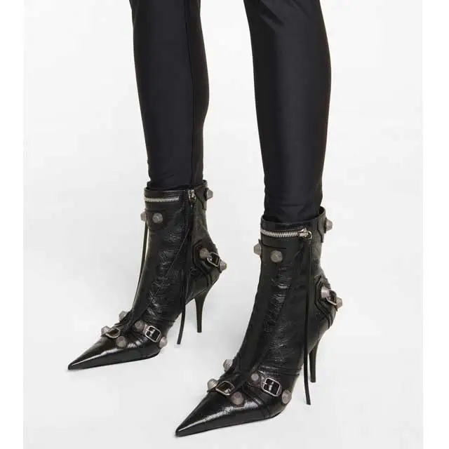 Pointed Toe High Heeled Leather Boots