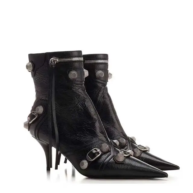 Pointed Toe High Heeled Leather Boots