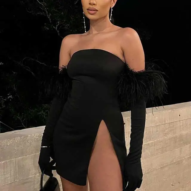 Feather Slit Tube Dress